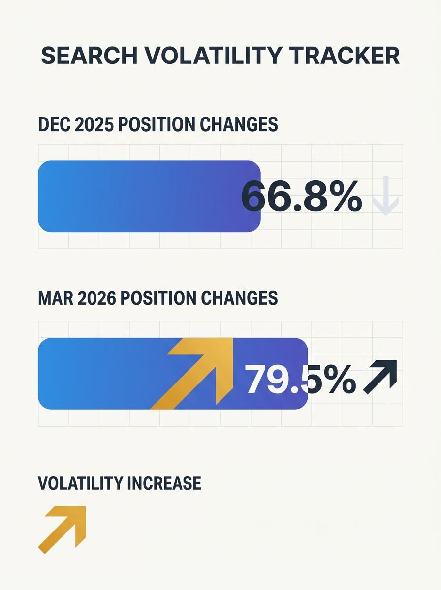 Search results volatility chart showing 79.5% position changes in top-three rankings during March 2026 compared to 66.8% in December 2025