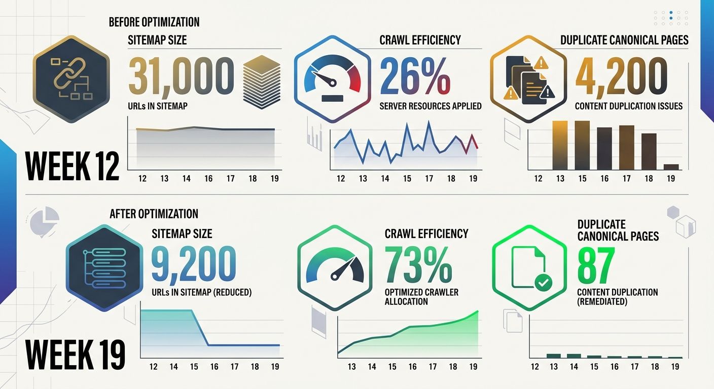 a before-and-after comparison chart showing sitemap size (31,000 URLs reduced to 9,200), crawl efficiency (26% to 73%), and duplicate canonical pages (4,200 reduced to 87) across weeks 12 through 19