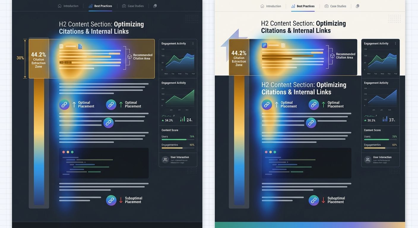 Visual showing a webpage divided into H2 content sections with heat-map coloring where the top portion of each section (first 30%) is highlighted in warm colors indicating 44.2% citation extraction zo