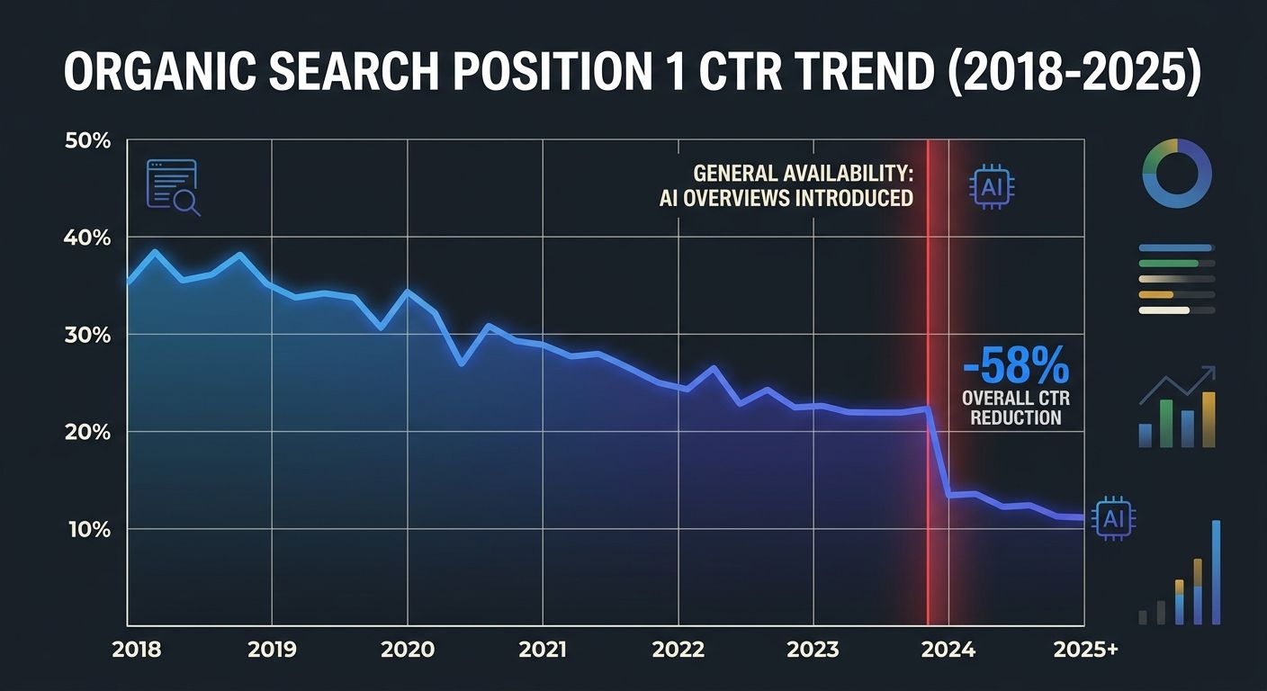 A declining line chart showing organic click-through rates for position 1 results over time, with a sharp drop annotated where AI Overviews were introduced, illustrating the 58% CTR reduction