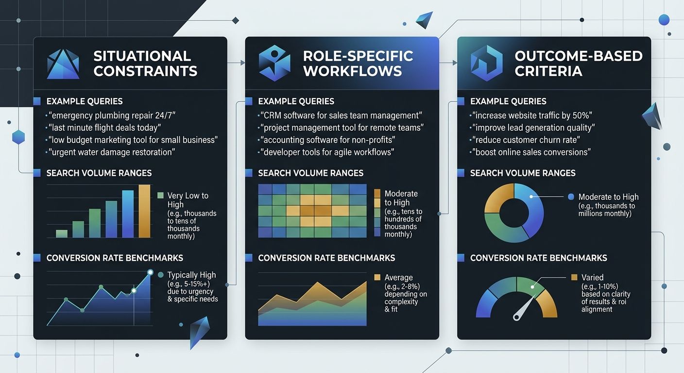 An infographic showing the Three-Frame Comparison Model with three columns — Situational Constraints, Role-Specific Workflows, and Outcome-Based Criteria — each with example queries, search volume ran