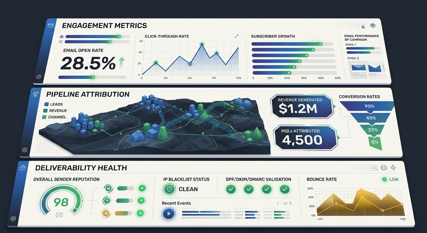 Three-layer email dashboard showing engagement metrics, pipeline attribution, and deliverability health in separate panels