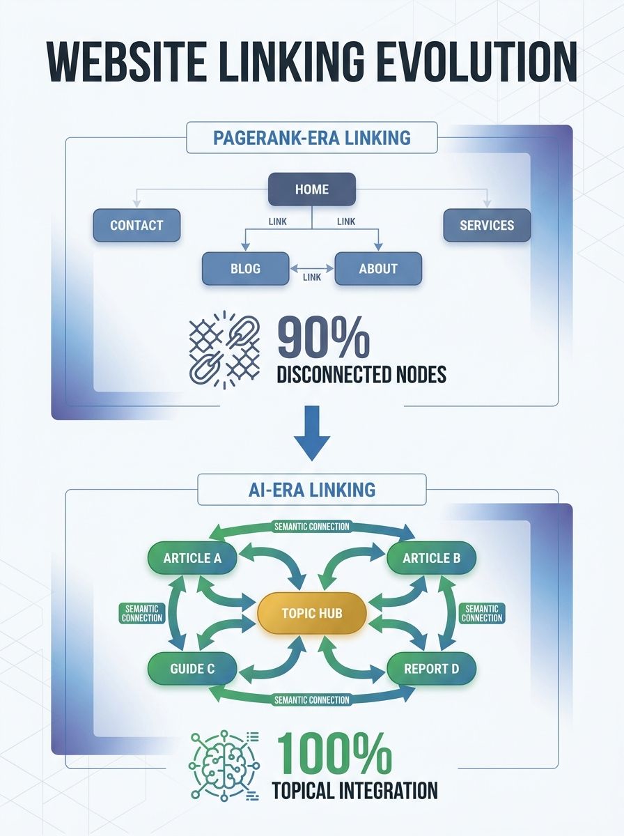 Diagram showing two website architectures side by side - one with traditional footer/sidebar links labeled "PageRank-era linking" showing disconnected nodes, and one with in-prose contextual links for