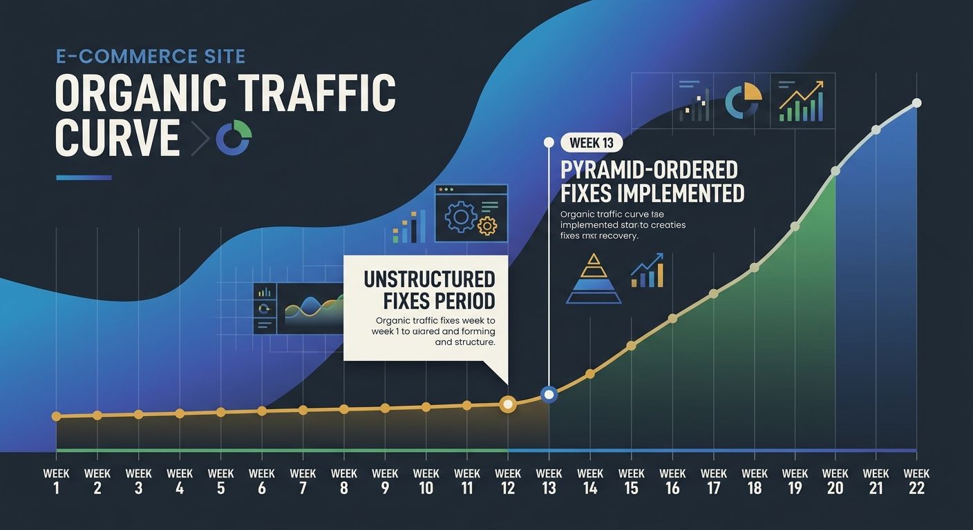 a timeline visualization showing the e-commerce site's organic traffic curve from weeks 1 through 22, with annotations marking when unstructured fixes happened (weeks 1-12, flat traffic) versus pyrami