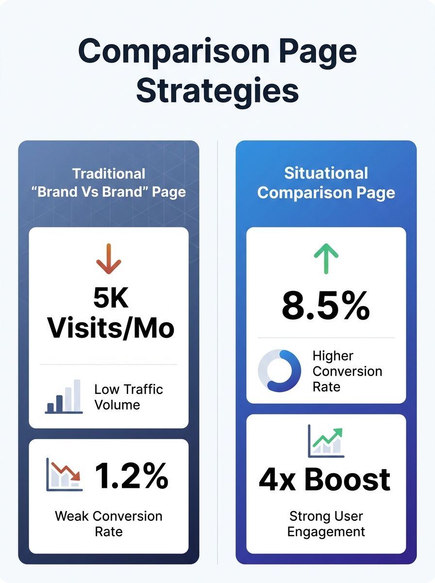A split-screen diagram showing a traditional "Brand A vs Brand B" comparison page with low traffic metrics on the left, and a situational comparison page with higher conversion metrics on the right