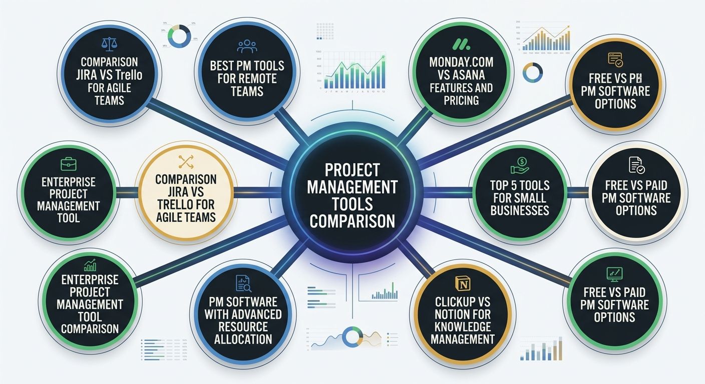 Diagram showing a topic cluster structure with a central pillar page labeled 'Project Management Tools Comparison' connected by lines to eight surrounding cluster pages with specific long-tail compari