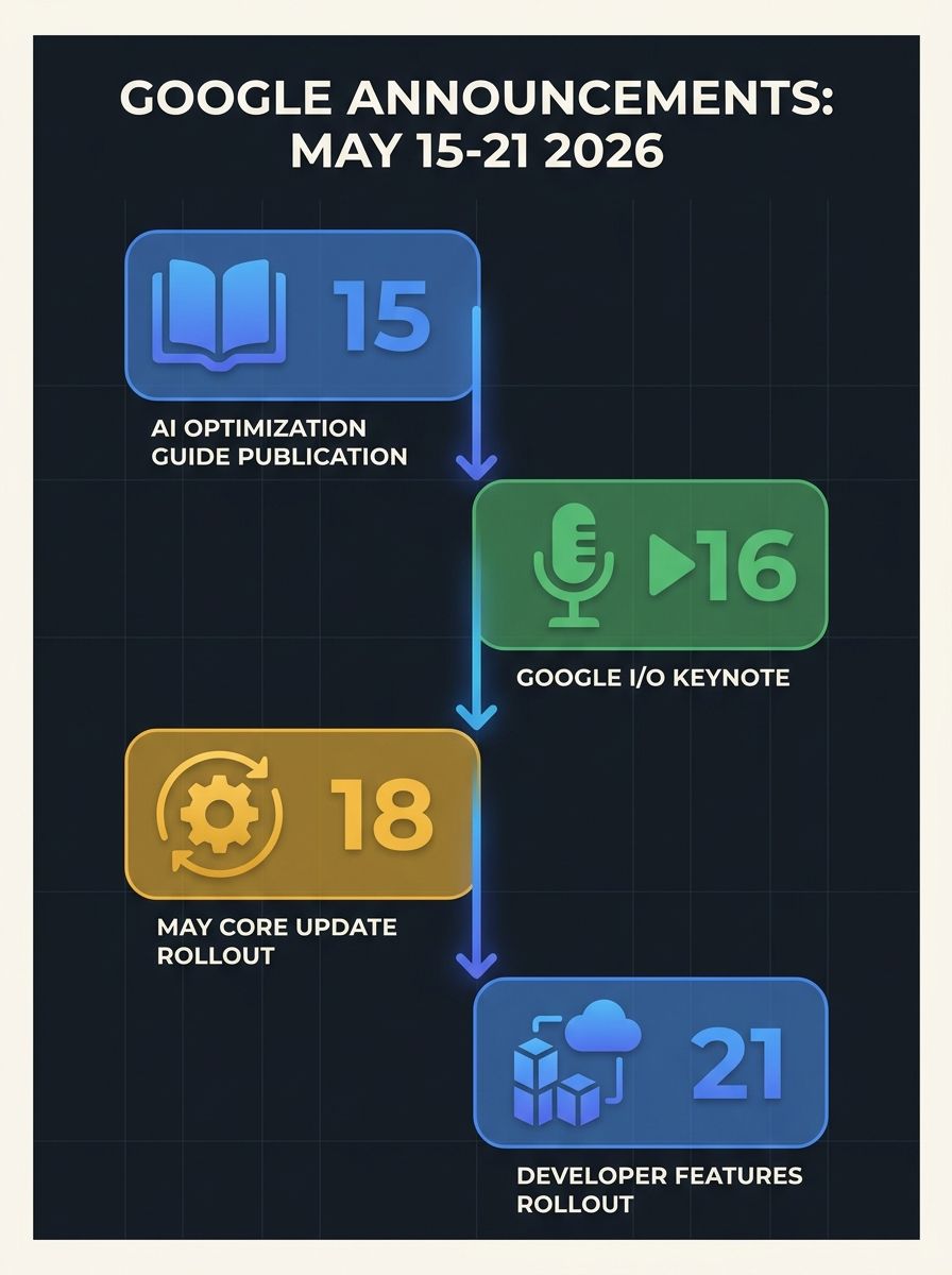 A timeline visualization showing four key Google announcements from May 15-21 2026, including the AI optimization guide publication, Google I/O keynote, and May core update rollout, arranged chronolog
