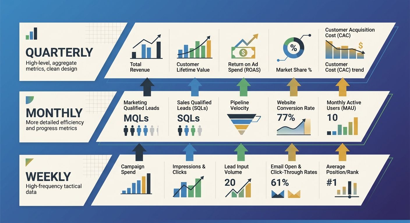 infographic showing the Three-Frequency Metric Stack as three horizontal layers labeled Weekly, Monthly, Quarterly, with specific metrics listed in each layer and arrows indicating data flow between l