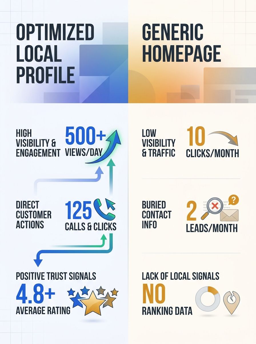 Split-screen comparison showing a well-optimized Google Business Profile next to a generic homepage with buried contact information and no local signals