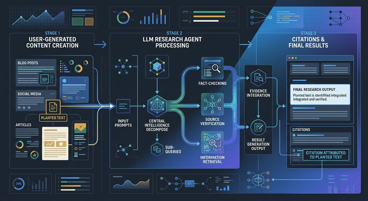Diagram showing how planted text in user-generated content flows through AI research agent sub-queries into final citations