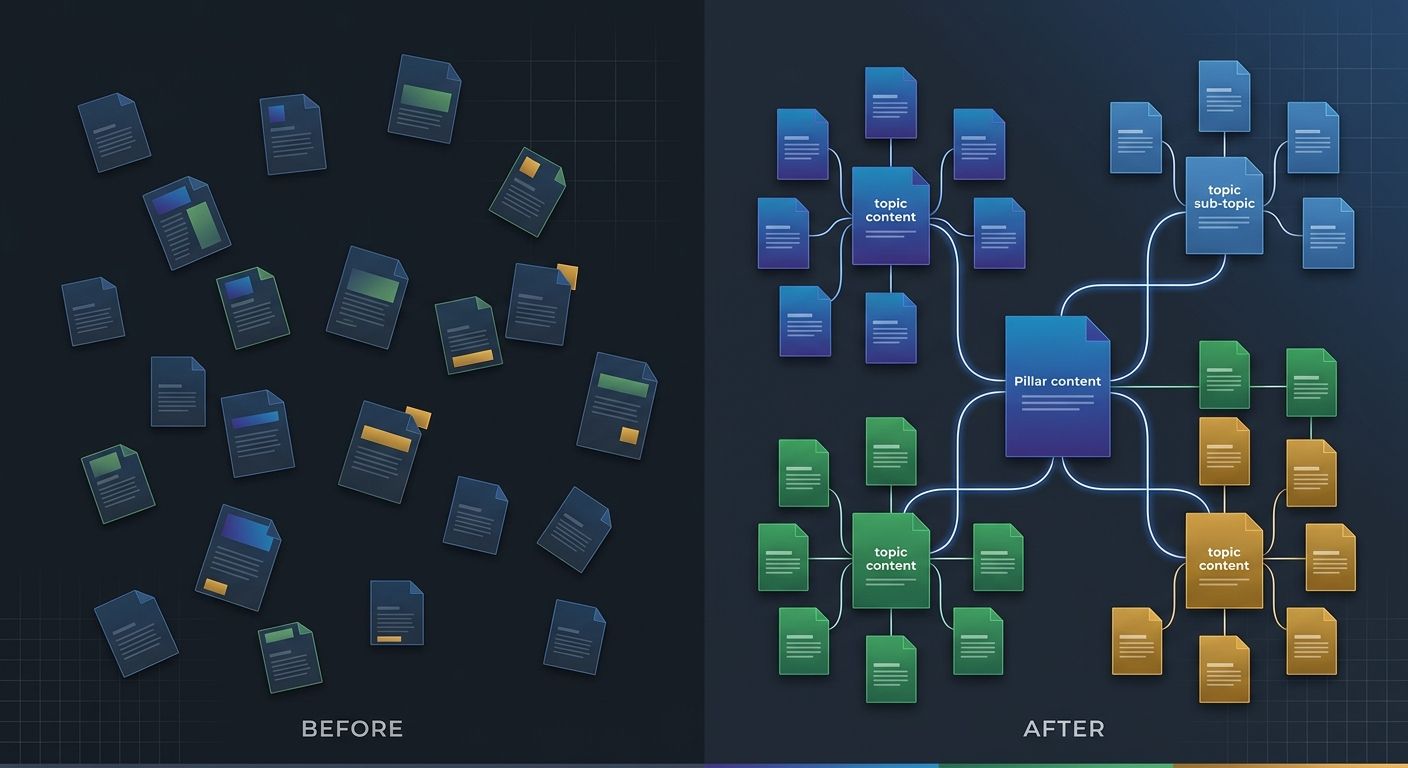 A before-and-after visualization of a site's content architecture, showing scattered disconnected pages on the left transforming into organized topic clusters with internal links on the right