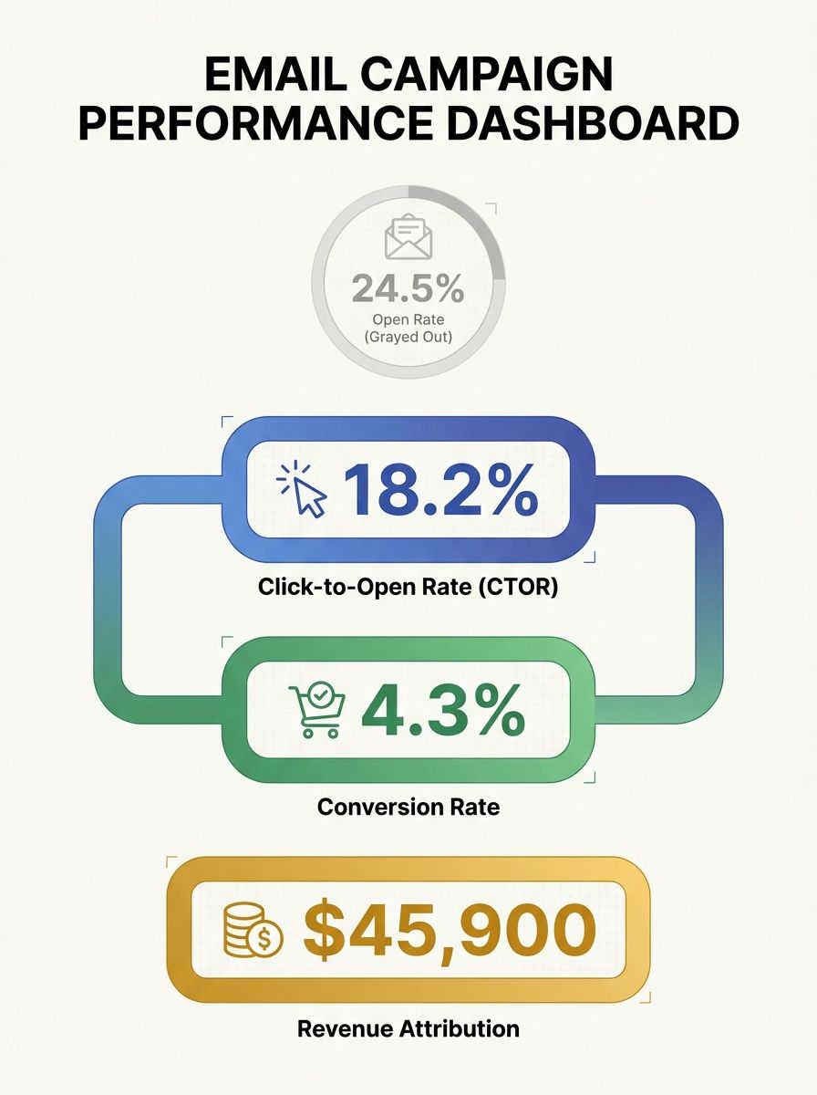 Dashboard showing email marketing metrics with CTOR, conversion rate, and revenue attribution highlighted while open rate is grayed out