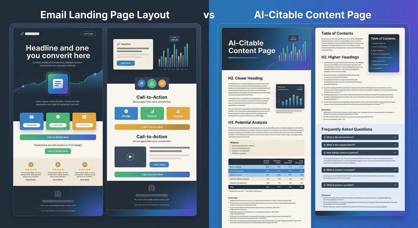 A side-by-side comparison of a typical email landing page layout with short copy and CTA buttons versus an AI-citable content page with long-form structured text, clear H2 headings, and FAQ sections