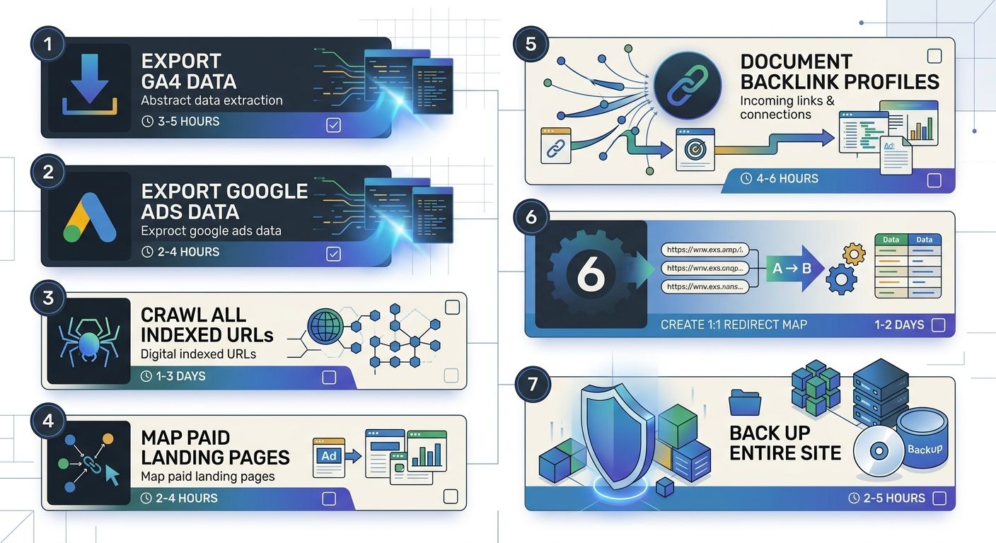 A checklist infographic showing pre-migration audit steps in sequential order: export GA4 data, export Google Ads data, crawl all indexed URLs, map paid landing pages, document backlink profiles, crea
