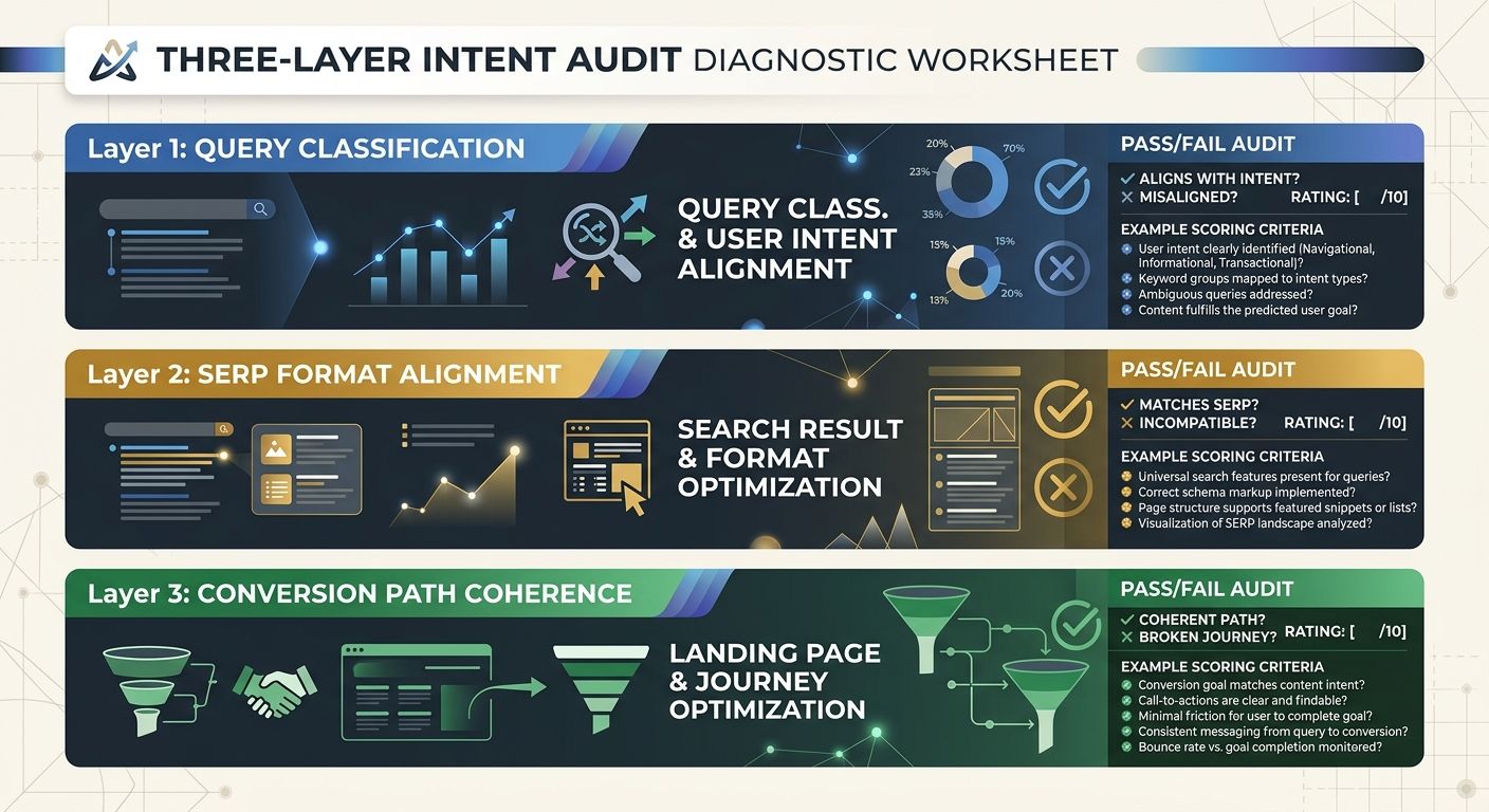 A diagnostic worksheet layout showing the Three-Layer Intent Audit framework. Three horizontal layers are stacked vertically, each with a label (Query Classification, SERP Format Alignment, Conversion