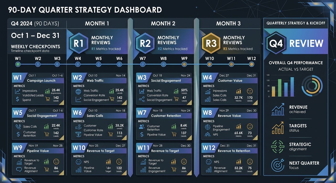 a calendar visualization showing a 90-day quarter divided into 12 weekly checkpoints and 3 monthly reviews, with specific metrics listed at each interval and a quarterly strategy review at the end