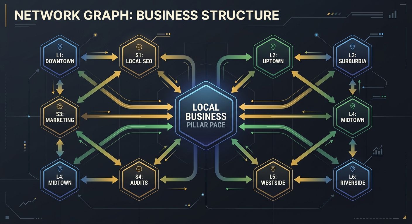 A network graph visualization showing interconnected local business pages with a central pillar page connected to 6 location pages and 4 service pages, directional arrows indicating link equity flow b
