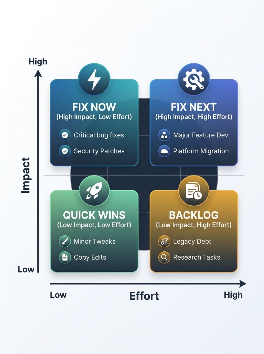A two-axis matrix showing Impact (vertical, low to high) and Effort (horizontal, low to high), with four labeled quadrants: Fix Now (high impact, low effort), Fix Next (high impact, high effort), Quic