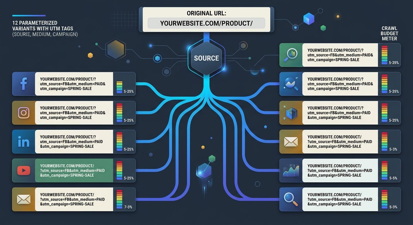 Infographic showing one original URL branching into 12 parameterized variants with UTM tags for different social platforms and campaigns, with a crawl budget meter showing resource consumption for eac