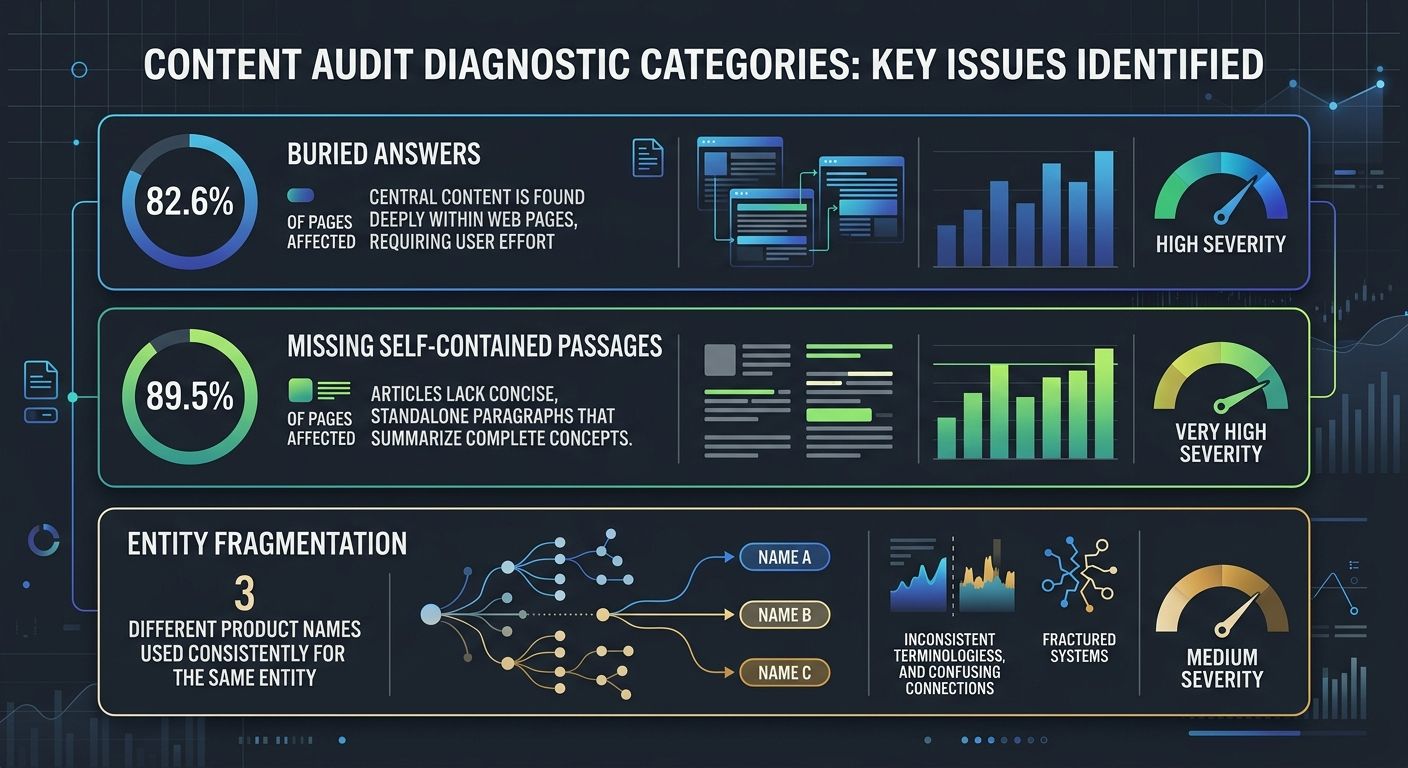 An infographic showing three diagnostic categories from a content audit — buried answers (82.6% of pages), missing self-contained passages (89.5%), and entity fragmentation (3 different product names)