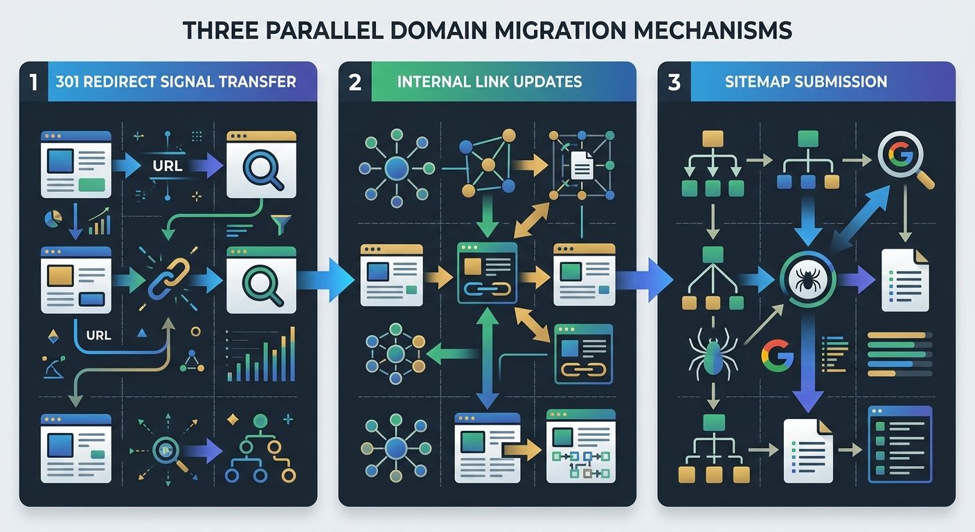 A three-panel diagram showing the three parallel mechanisms in domain migration: 301 redirect signal transfer, internal link updates, and sitemap submission, with arrows showing how they connect