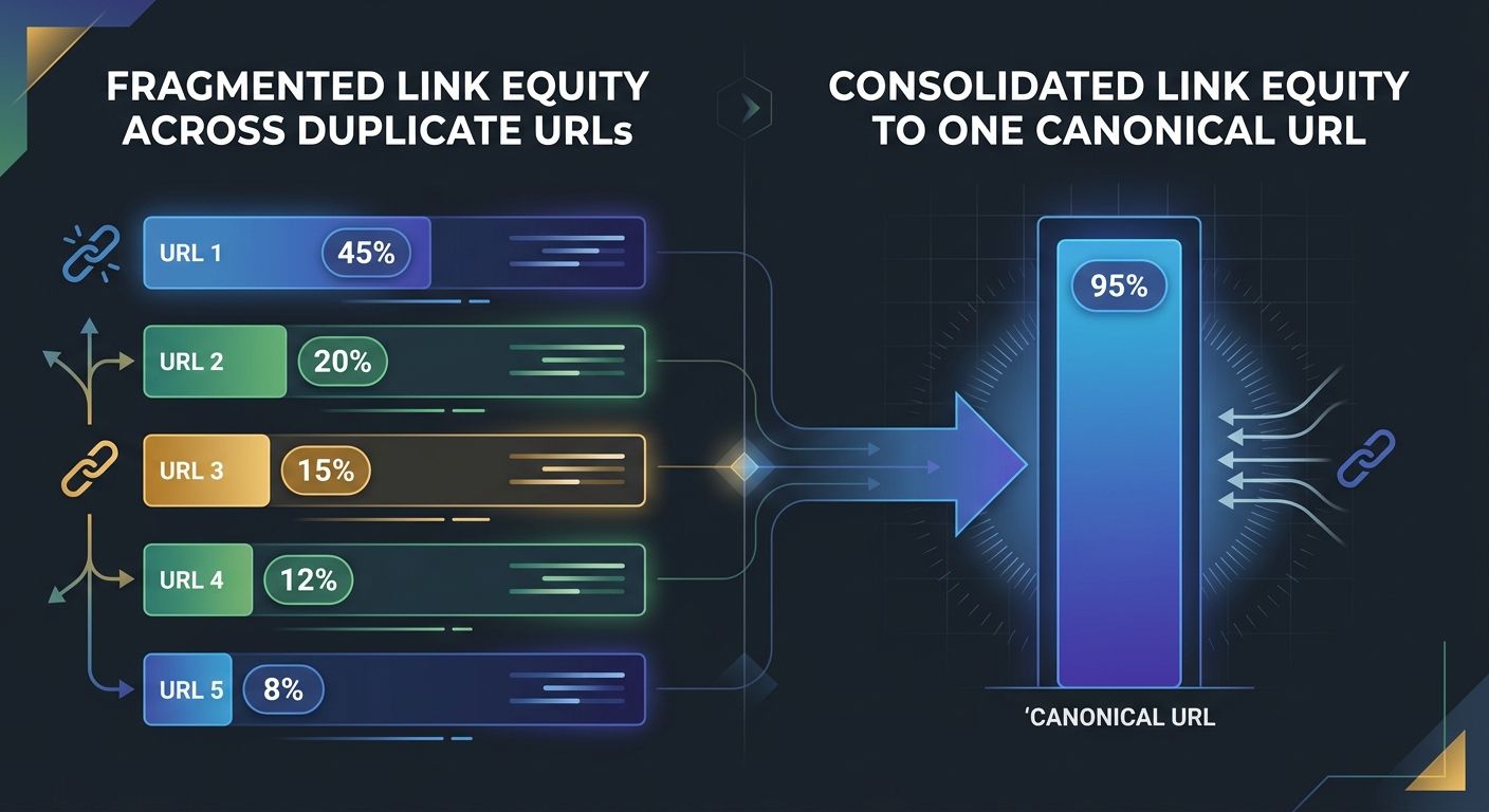 Side-by-side comparison showing fragmented link equity split across 5 duplicate URLs on the left versus consolidated link equity flowing to one canonical URL on the right, with percentage bars illustr