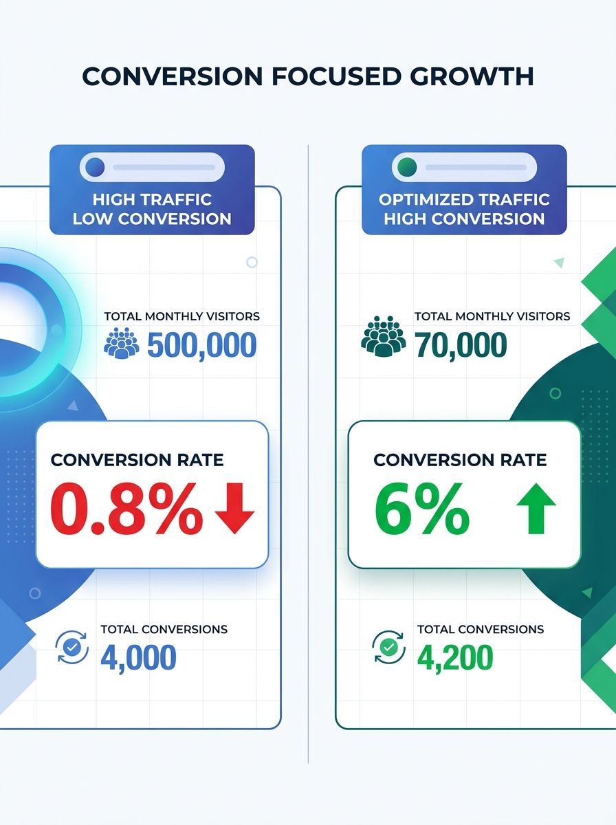 A split-screen comparison showing two website analytics dashboards side by side. The left dashboard shows high traffic with a 0.8% conversion rate highlighted in red. The right dashboard shows lower t