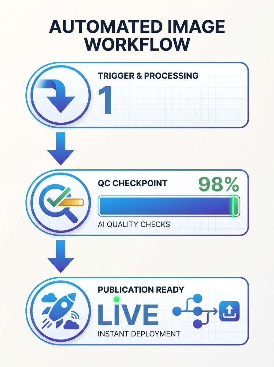 Marketing dashboard showing automated image workflow stages from trigger to publication with quality control checkpoints