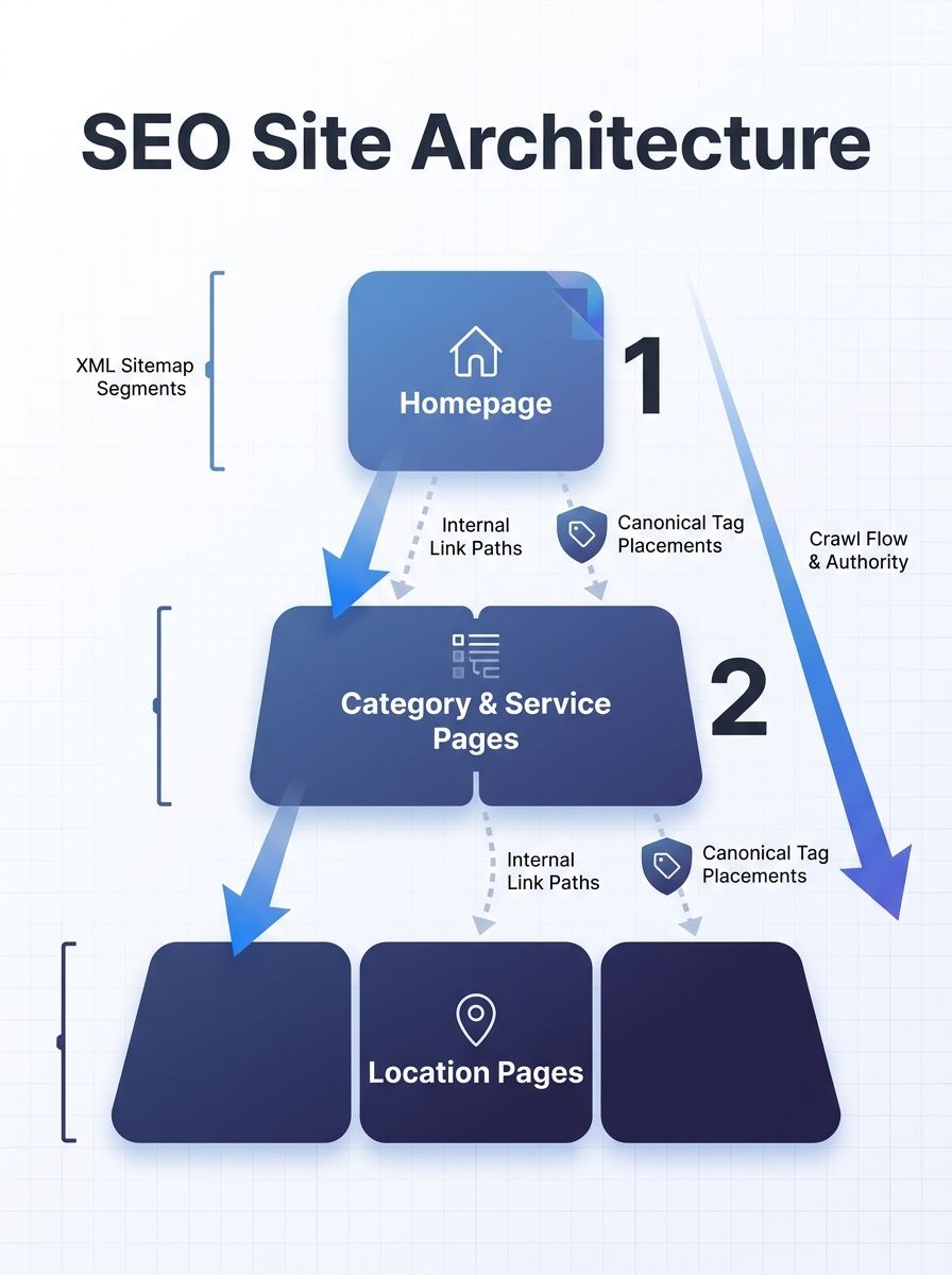 Infographic showing a three-layer pyramid diagram of site architecture with homepage at top, category and service pages in middle, location pages at bottom, with arrows representing crawl flow and lab