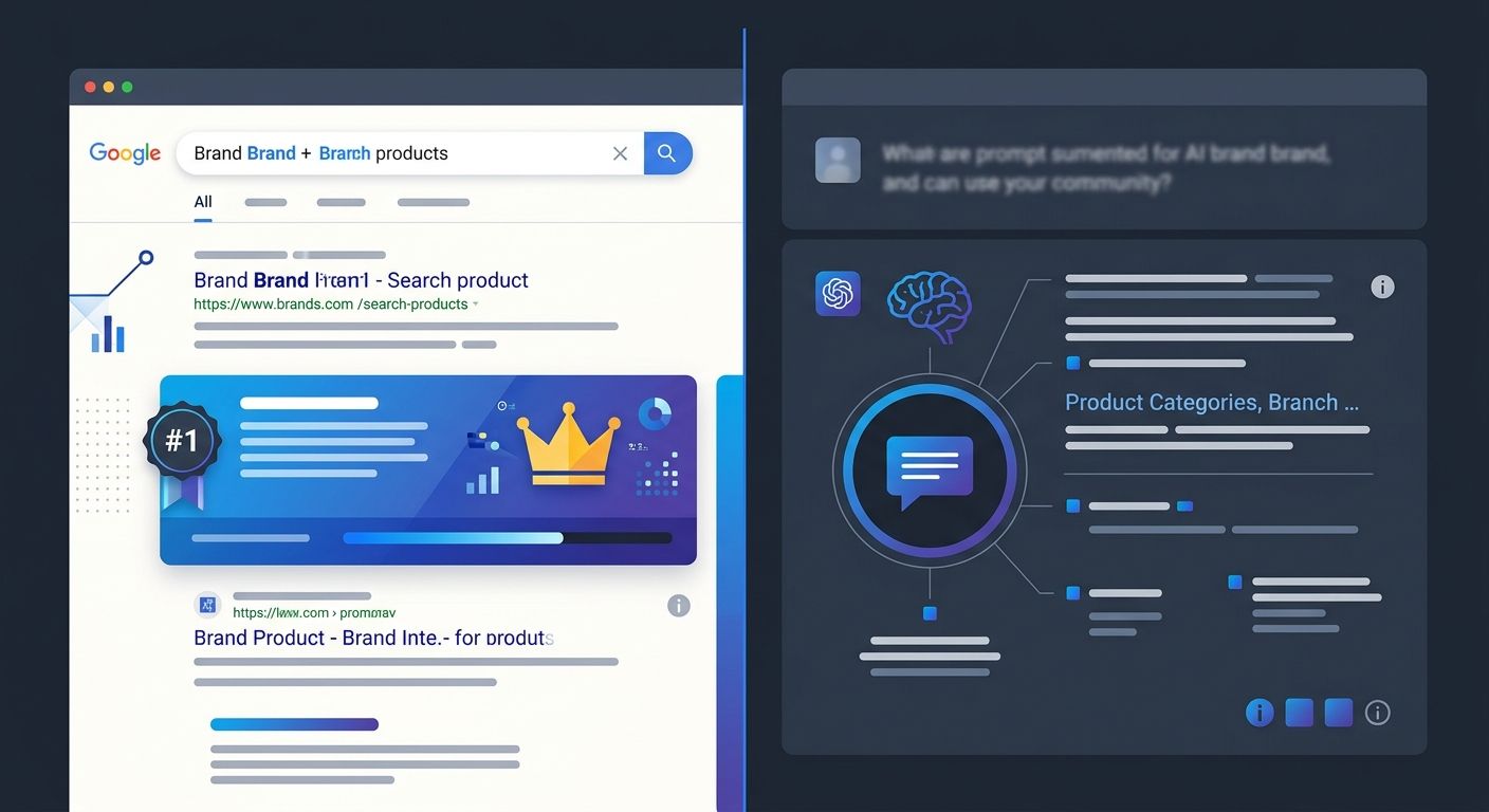 A split-screen visual showing a brand ranking #1 on Google search results on the left side, and the same brand completely absent from a ChatGPT recommendation response on the right side, illustrating