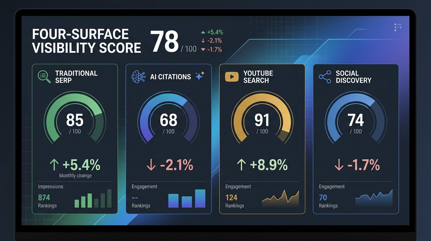 A dashboard mockup showing the Four-Surface Visibility Score with four gauge charts for Traditional SERP, AI Citations, YouTube Search, and Social Discovery, each displaying a score out of 100 with tr