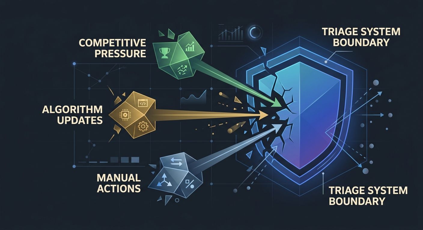 warning-style diagram showing three external forces (competitive pressure, algorithm updates, manual actions) breaking through a shield labeled "triage system boundary" to illustrate uncontrollable va
