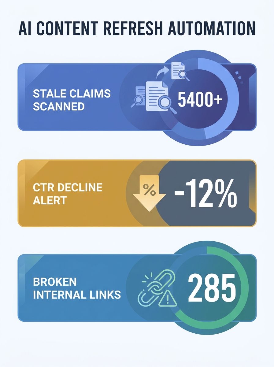 Dashboard view showing AI content refresh automation scanning funding articles for stale claims, CTR decline, and broken internal links
