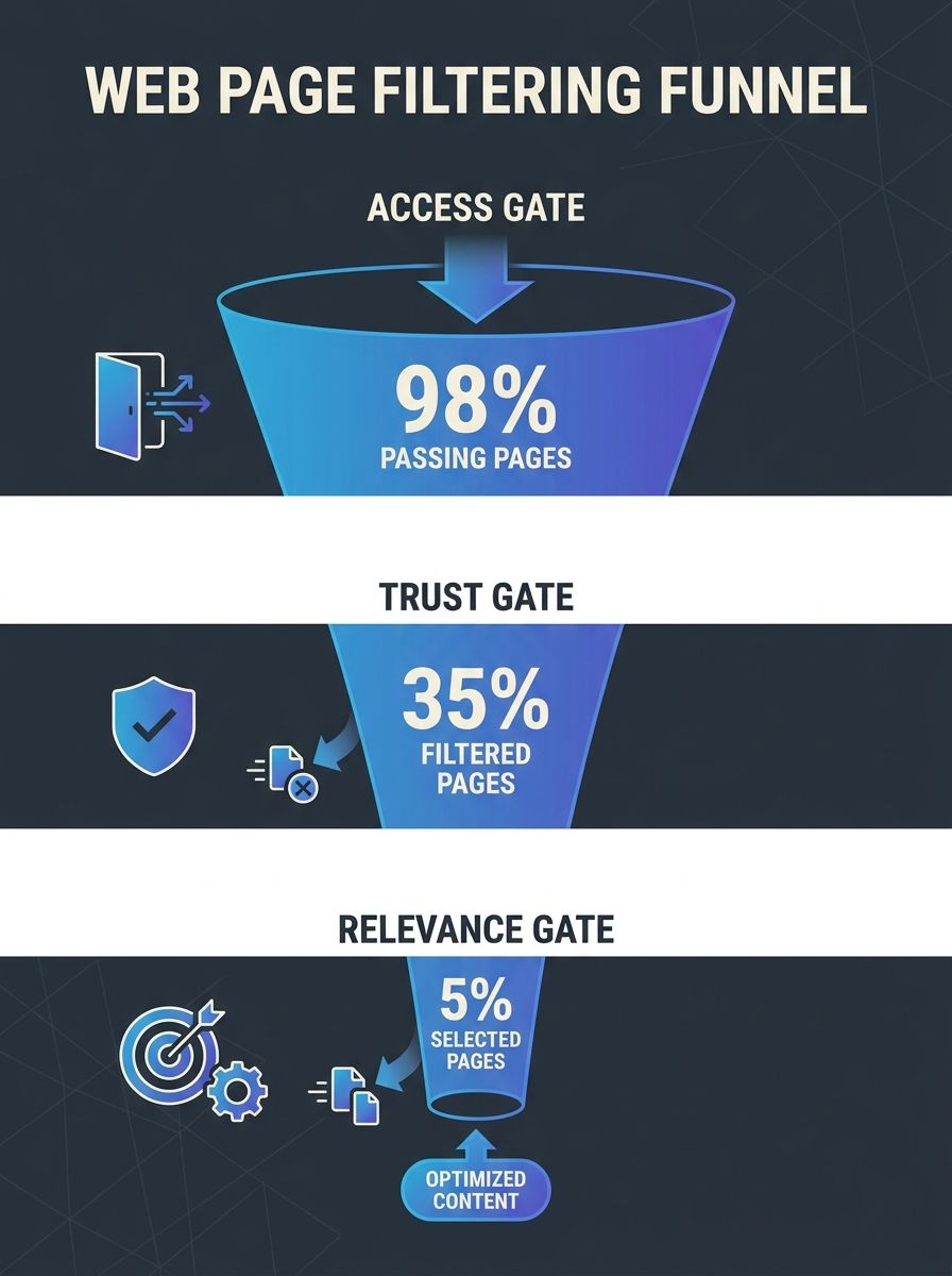 A funnel diagram showing three gates - Access Gate (wide, most pages pass), Trust Gate (narrower, many pages filtered out), and Relevance Gate (narrowest, final filter) - with percentages of pages pas