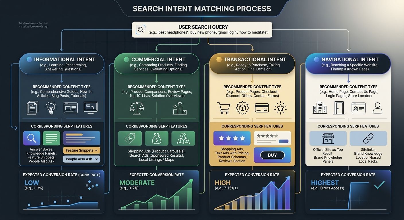 An infographic showing the SERP intent matching process as a flowchart. Starting with a search query at the top, branching into four intent categories (informational, commercial, transactional, naviga