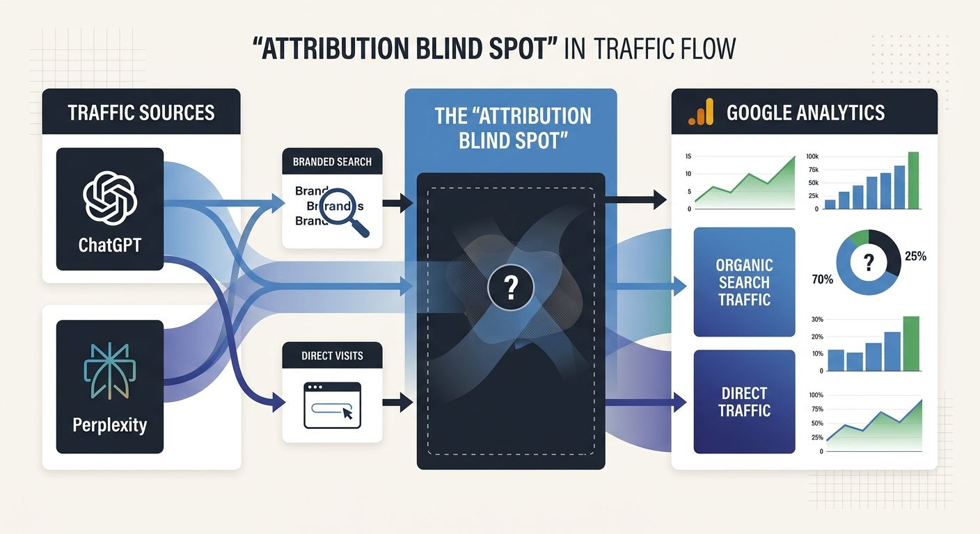 A diagram showing the attribution blind spot in AI traffic - visitors flow from ChatGPT and Perplexity through branded search or direct channels into Google Analytics, where they appear as organic or 