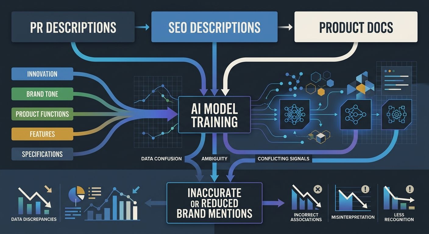 a flowchart showing how a single brand's conflicting descriptions from PR, SEO, and product docs flow through AI model training and result in inaccurate or reduced brand mentions