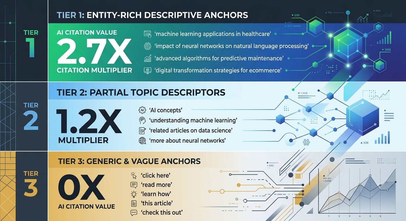 Infographic showing three tiers of internal link anchor text quality for AI entity recognition - Tier 1 with entity-rich descriptive anchors and 2.7x citation multiplier, Tier 2 with partial topic des