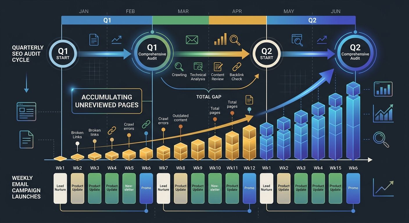 Timeline visualization showing quarterly SEO audit cycle versus weekly email campaign launches, with a growing gap of unreviewed pages accumulating between audit intervals