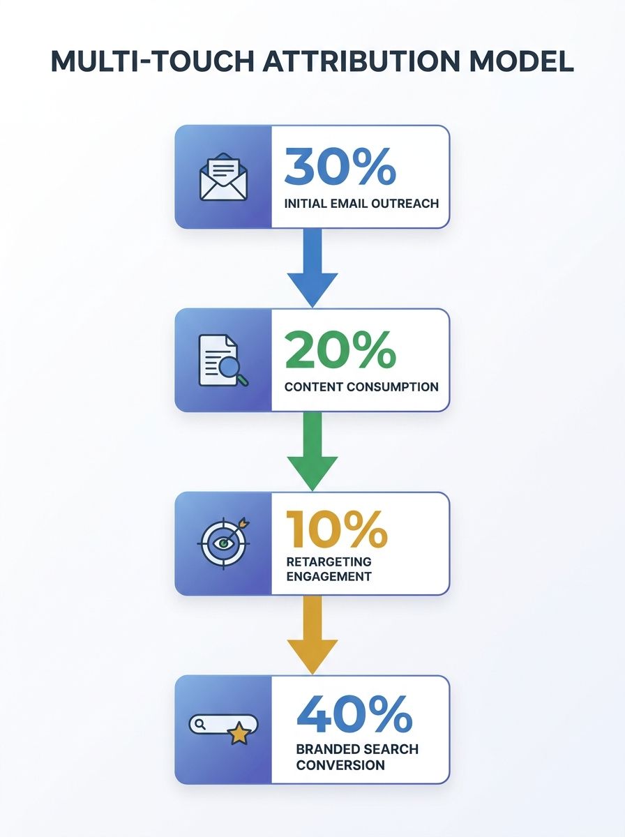 Dashboard showing multi-touch attribution model with weighted credit distributed across email outreach, content consumption, retargeting, and branded search touchpoints in a B2B buyer journey