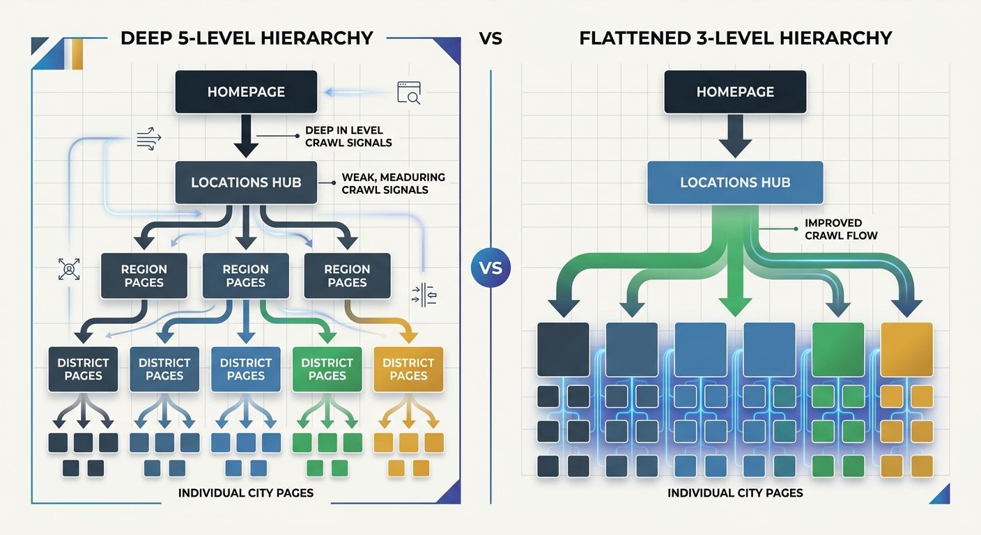 side-by-side comparison of a deep 5-level site hierarchy versus a flattened 3-level hierarchy for a multi-location business, showing homepage connecting to locations hub connecting to individual city