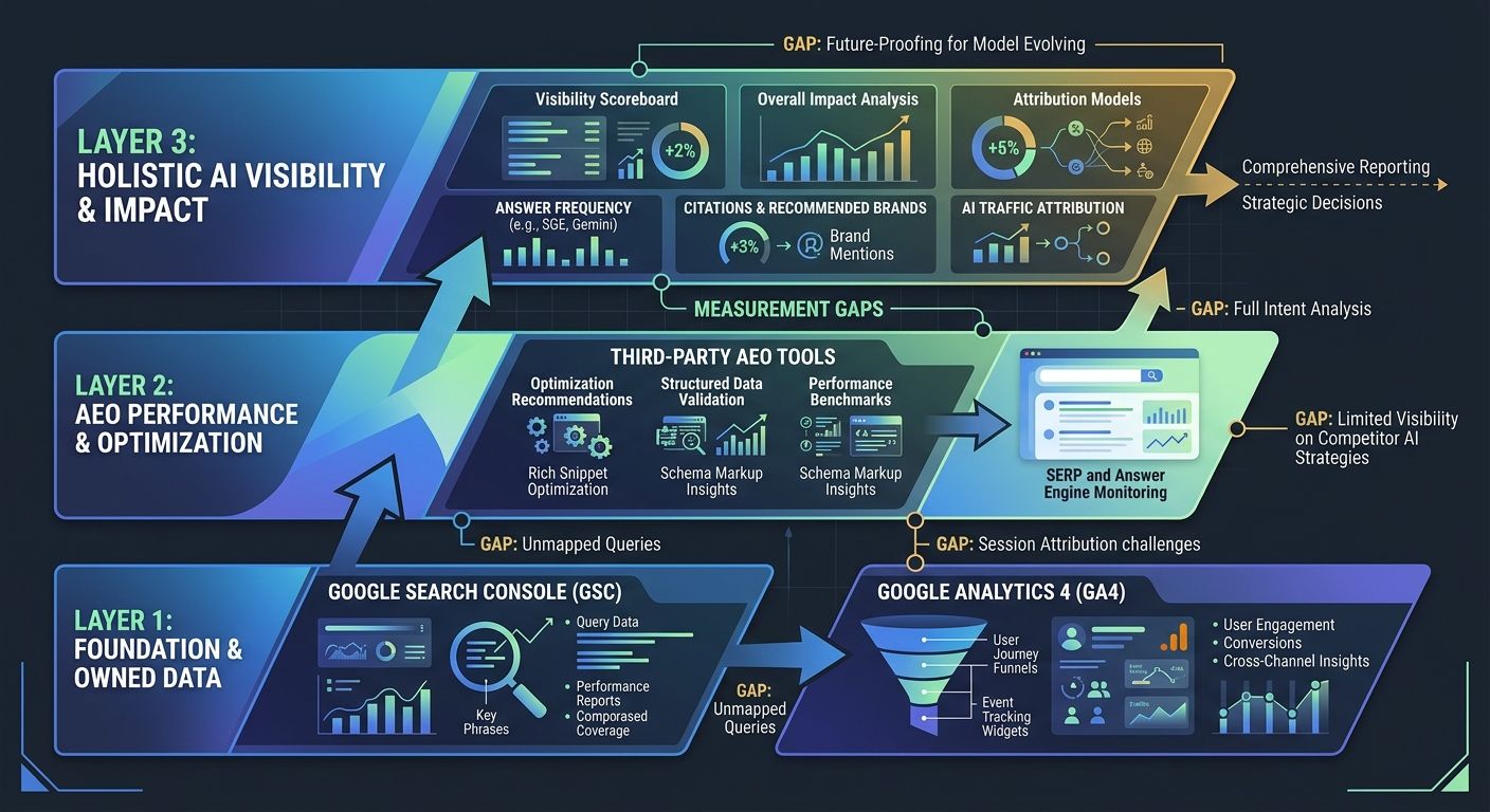 An infographic showing the three-layer AI visibility measurement stack with Search Console, GA4, and third-party AEO tools, with arrows indicating data flow and gaps between each layer