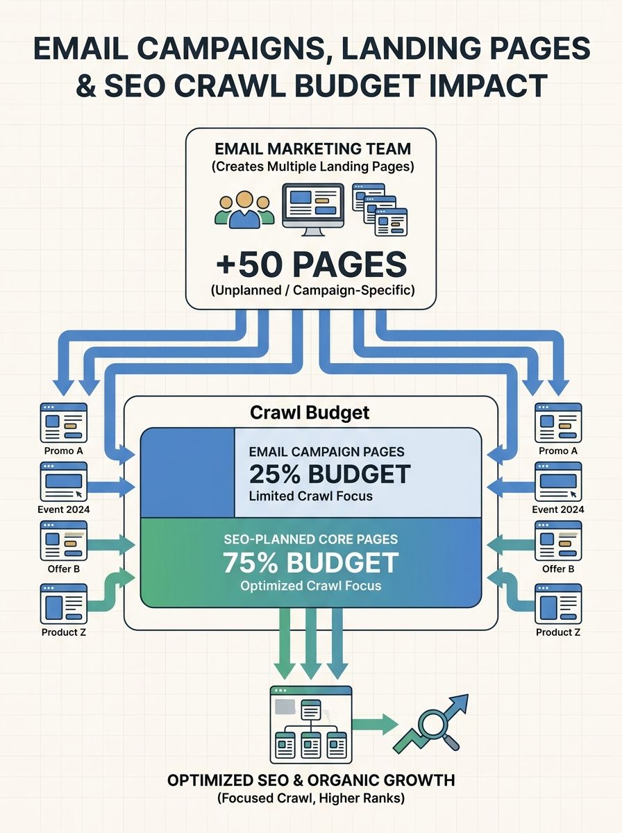 Diagram showing email marketing team creating multiple landing pages that feed into a website's URL structure, with arrows showing crawl budget being divided between SEO-planned pages and unplanned em