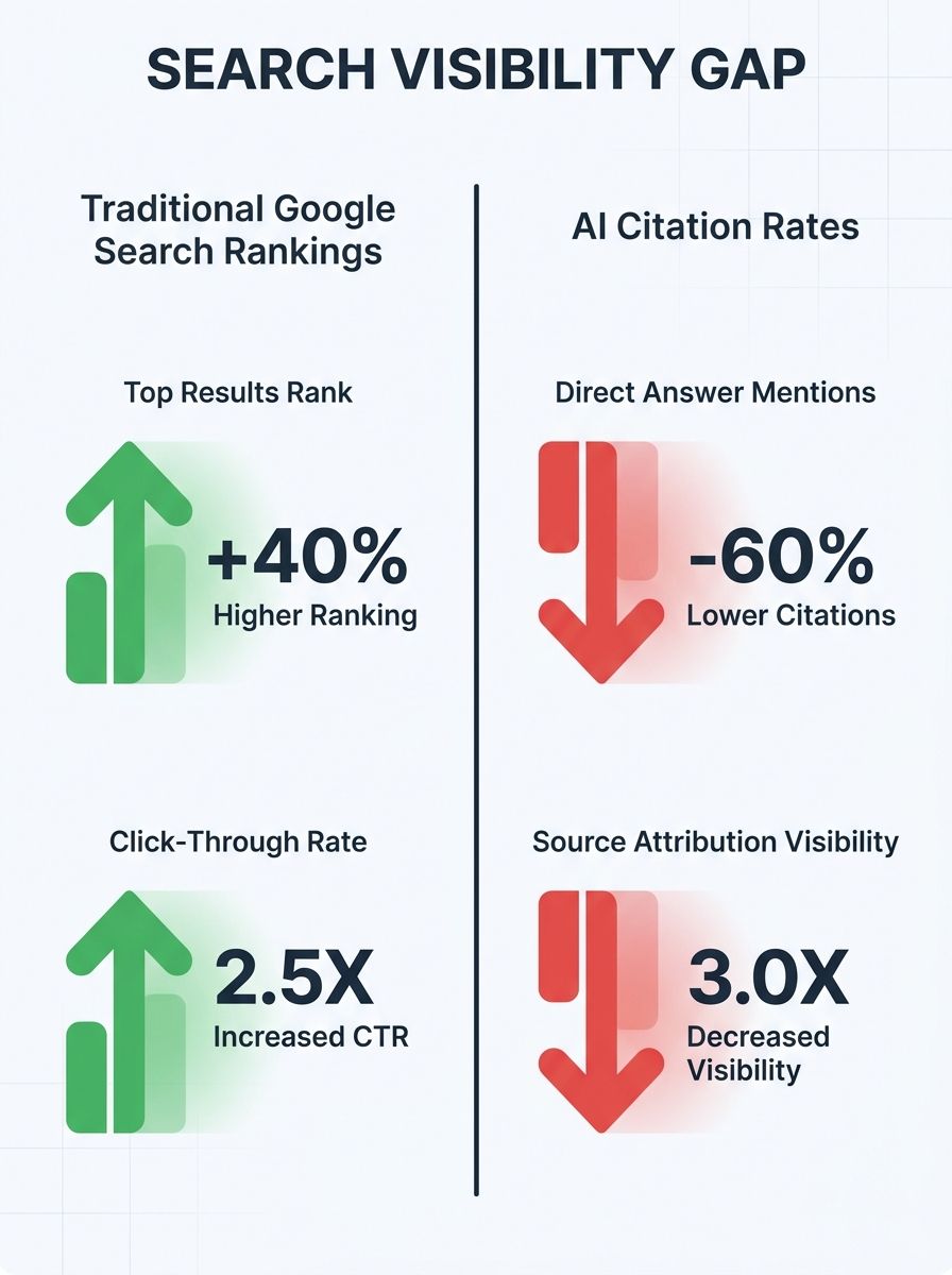 A split-screen dashboard showing traditional Google search rankings on the left with green upward arrows, and AI citation rates on the right with red downward indicators, illustrating the visibility g