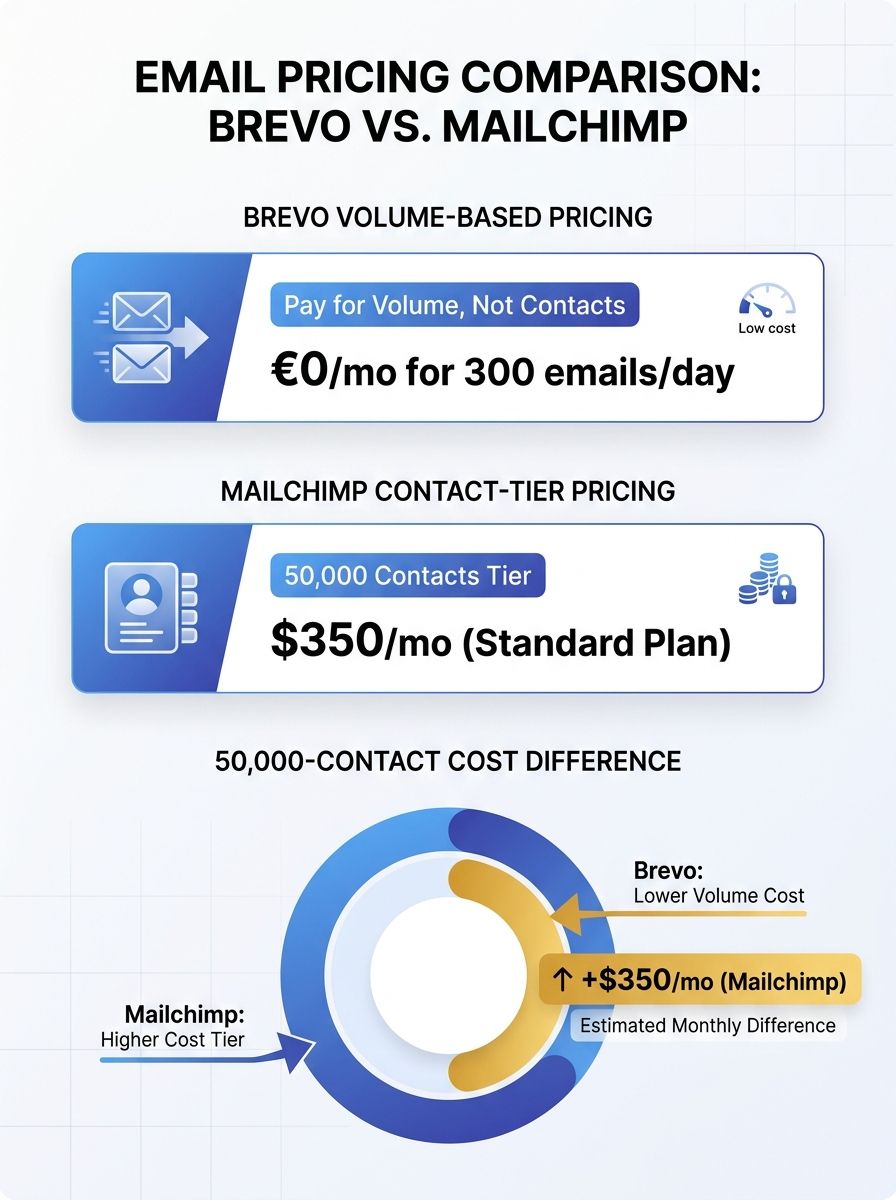 Split-screen comparison dashboard showing Brevo's volume-based pricing calculator alongside Mailchimp's contact-tier pricing structure with highlighted cost differences for 50,000-contact scenarios