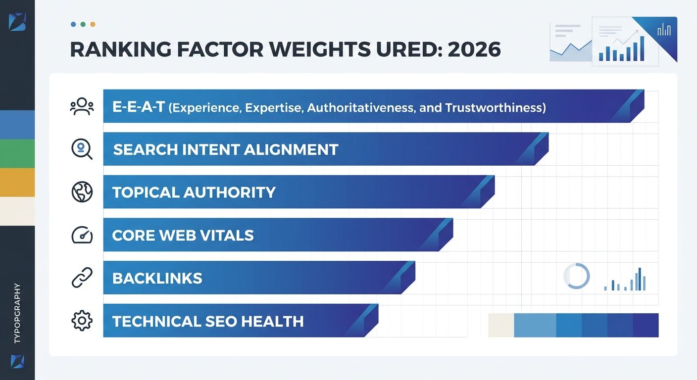 A bar chart comparing ranking factor weights in 2026, showing E-E-A-T at the top, followed by search intent alignment, topical authority, Core Web Vitals, backlinks, and technical SEO health at the bo