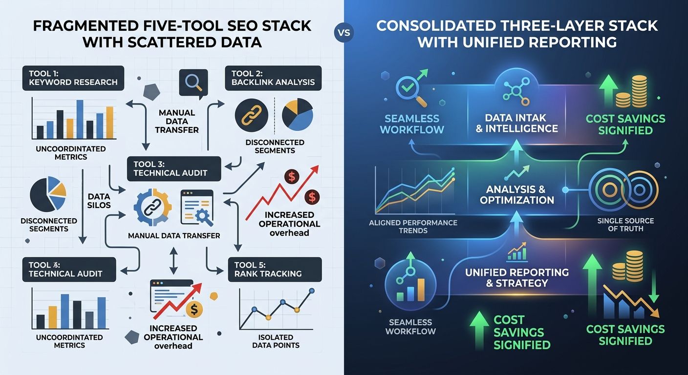 before-and-after dashboard comparison showing a fragmented five-tool SEO stack with scattered data on the left versus a consolidated three-layer stack with unified reporting on the right, with cost sa
