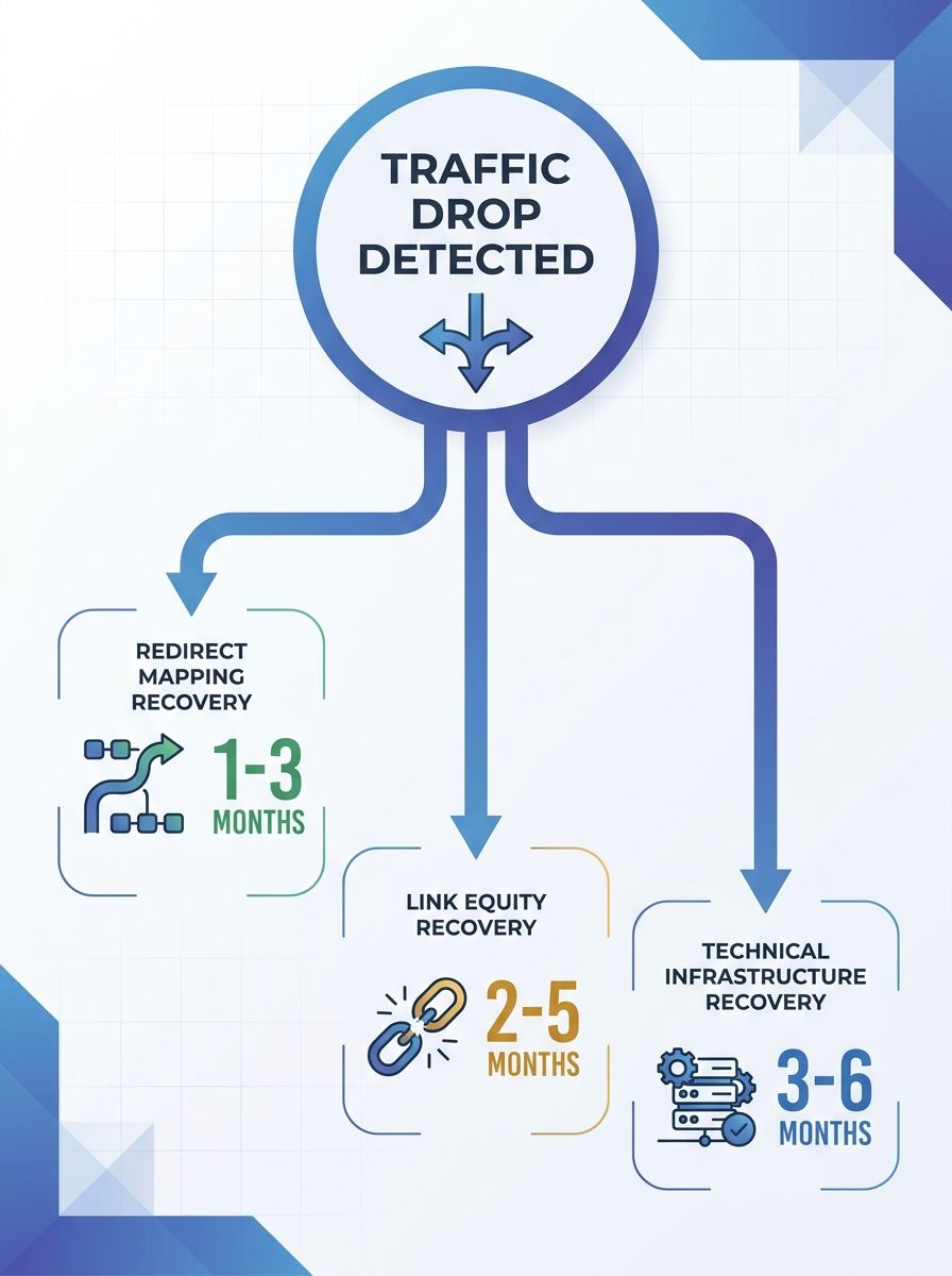 comparison flowchart showing three audit paths branching from a central "traffic drop detected" node, with redirect mapping, link equity recovery, and technical infrastructure as the three branches, e