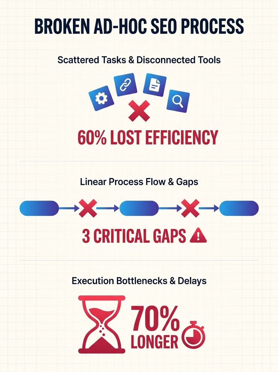 A diagram showing the breakdown of an ad-hoc SEO process with scattered tasks, disconnected tools, and bottleneck points highlighted in red
