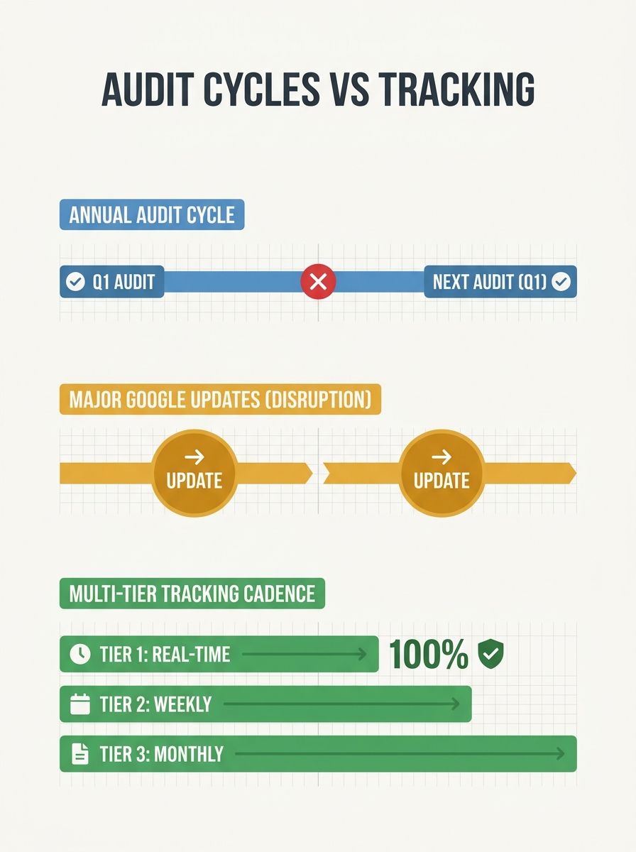 A timeline showing annual audit cycle gaps versus a multi-tier tracking cadence, with key Google algorithm updates marked along the timeline creating disruption points between audit windows